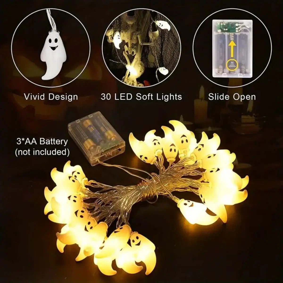 Halloween String Lights, Ghost Decoration Lights, Battery Powered