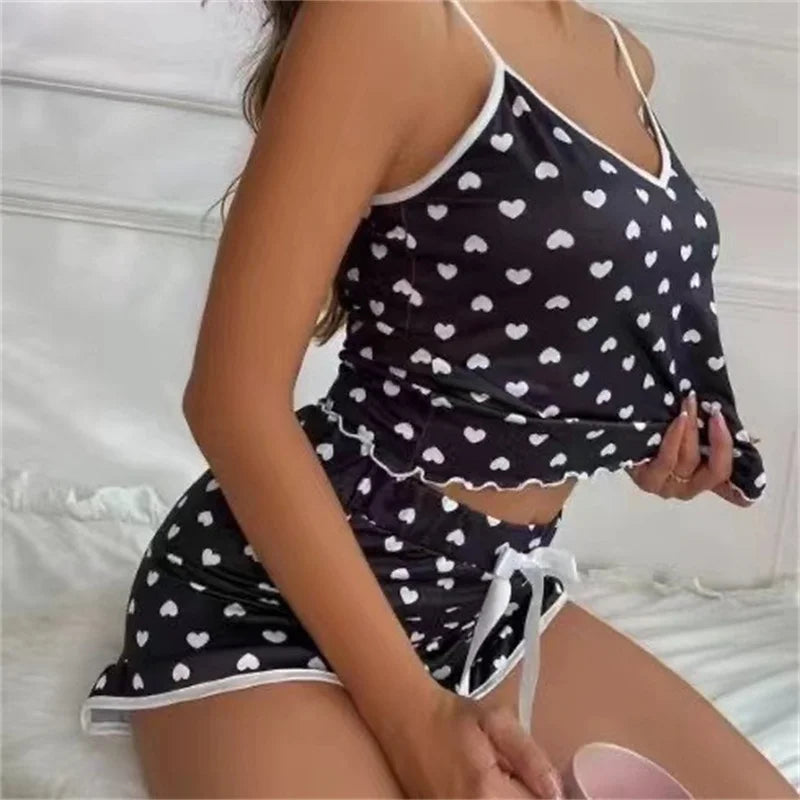 2024 Summer Pajama Set Large Size Vest Shorts Women's Suspenders Soft Casual Cute Printed Women Pajamas Set