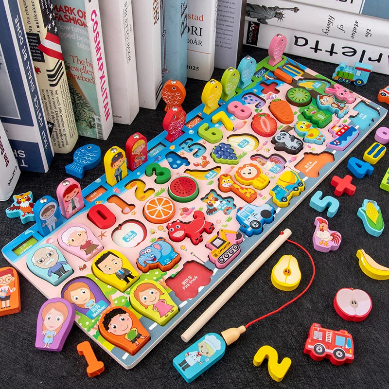 Montessori Math Puzzle Wooden Magnetic Fishing Shape Matching Toy