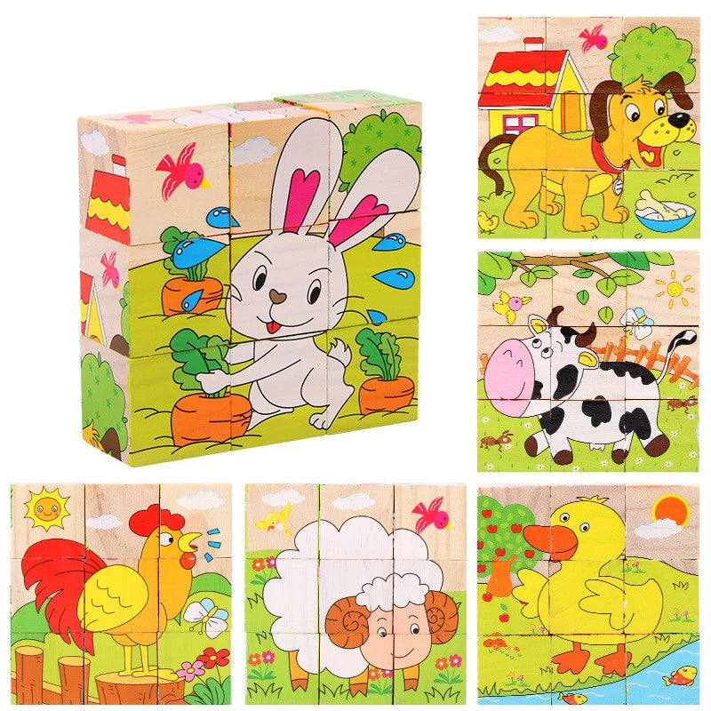 Wooden Puzzle Blocks, 6-Sided Cube Matching Game for Kids