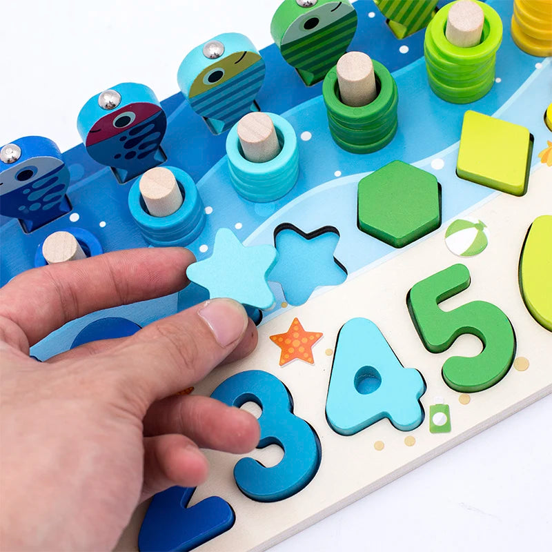 Montessori Math Puzzle Wooden Magnetic Fishing Shape Matching Toy