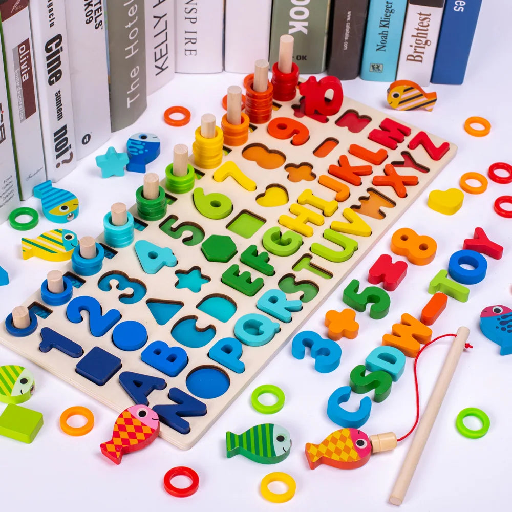 Montessori Math Puzzle Wooden Magnetic Fishing Shape Matching Toy
