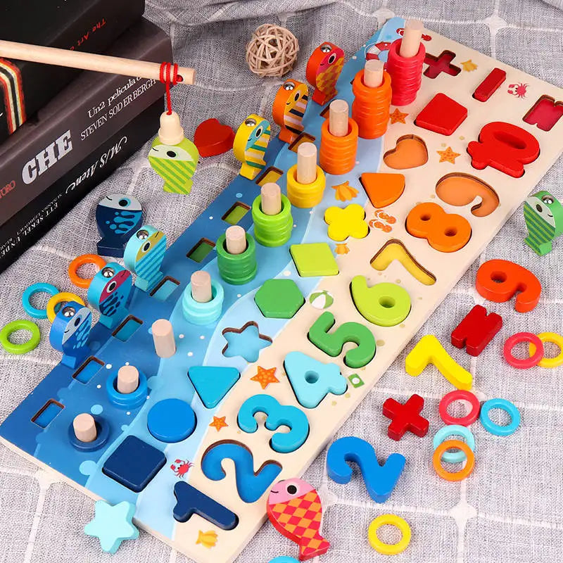 Montessori Math Puzzle Wooden Magnetic Fishing Shape Matching Toy
