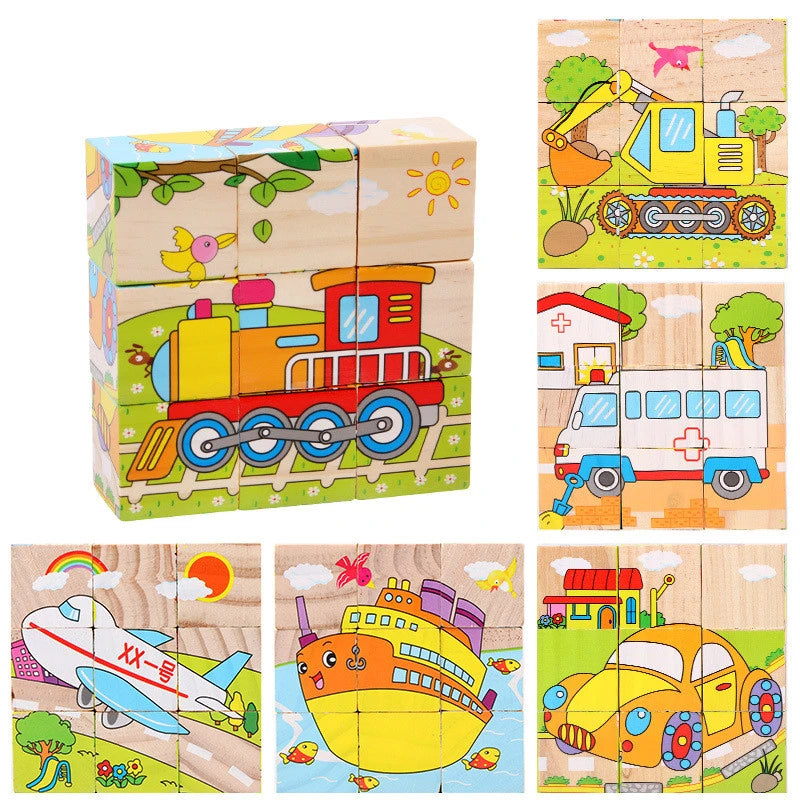 Wooden Puzzle Blocks, 6-Sided Cube Matching Game for Kids