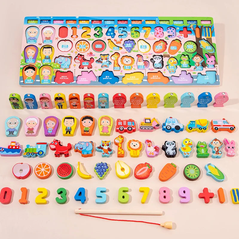 Montessori Math Puzzle Wooden Magnetic Fishing Shape Matching Toy