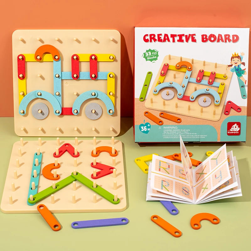 Montessori Pegboard Toy Wooden Geometric Fine Motor Learning Board