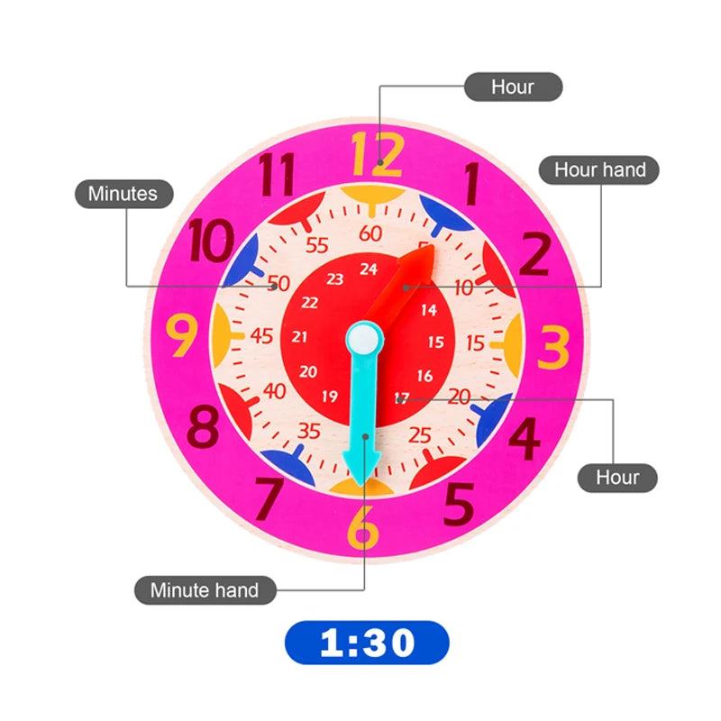 Wooden Learning Clock Montessori Time Teaching Toy for Kids