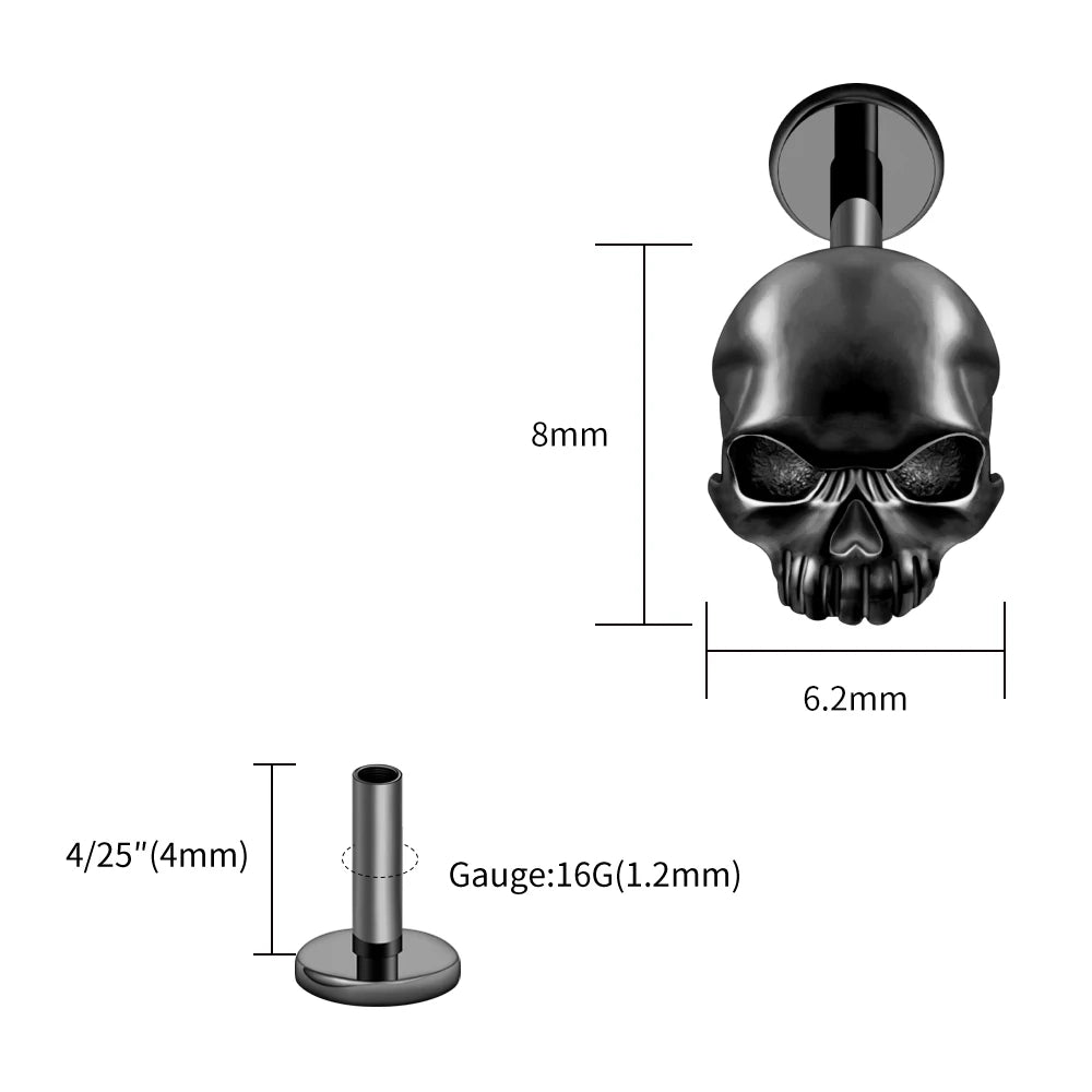 Right Grand ASTM F136 Titanium Skull Tragus Piercing 16G Skeleton Cartilage Helix Stud Earring Gothic Halloween Jewelry