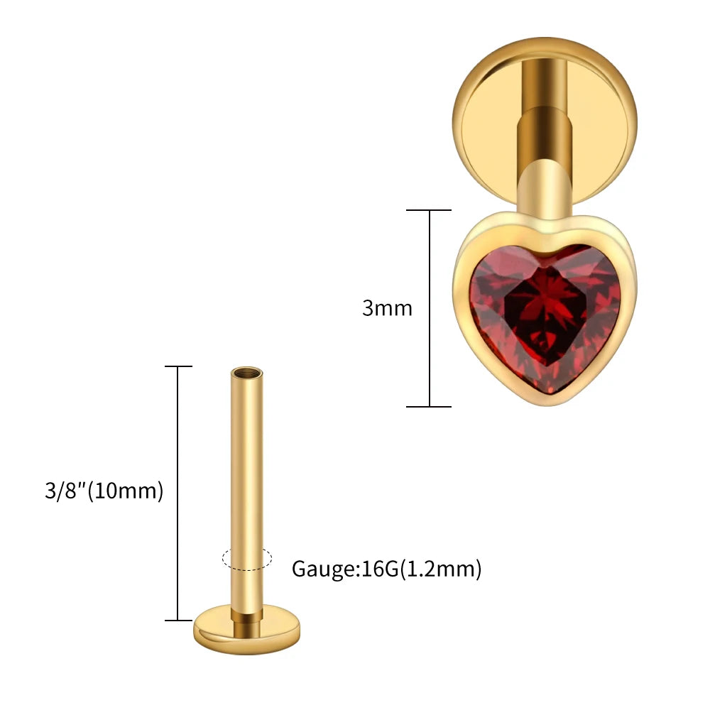 Titanium Heart Labret Stud CZ Flat Back Piercing Jewelry