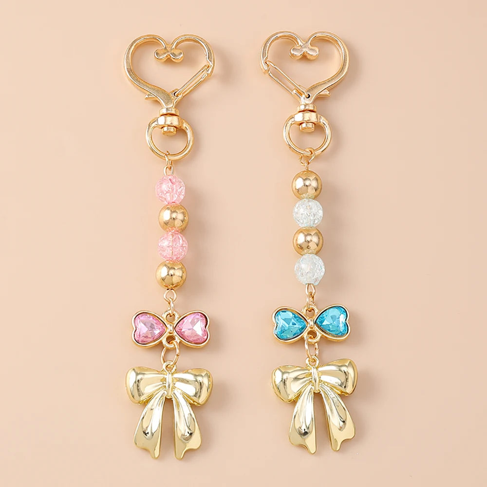 Cute Bowknot Love Heart Keychain Crystal Pearl Key Ring Pendants for Women Girls Handbag Decor DIY Handmade Key Chain Gifts