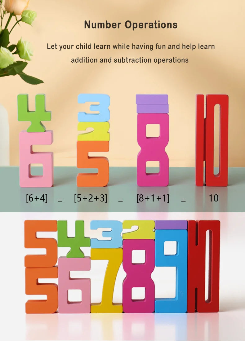 Wooden Number Blocks, Montessori Counting & Stacking Toy