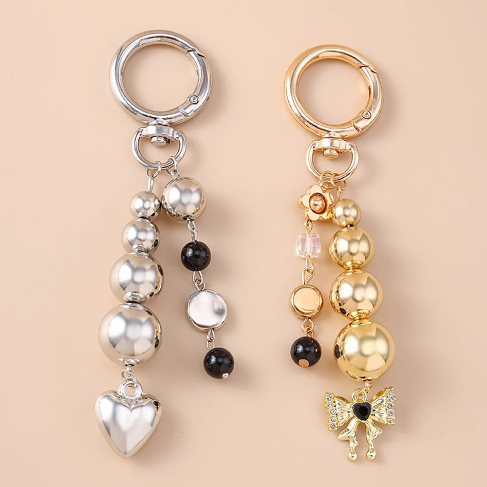 Cute Bowknot Love Heart Keychain Crystal Pearl Key Ring Pendants for Women Girls Handbag Decor DIY Handmade Key Chain Gifts