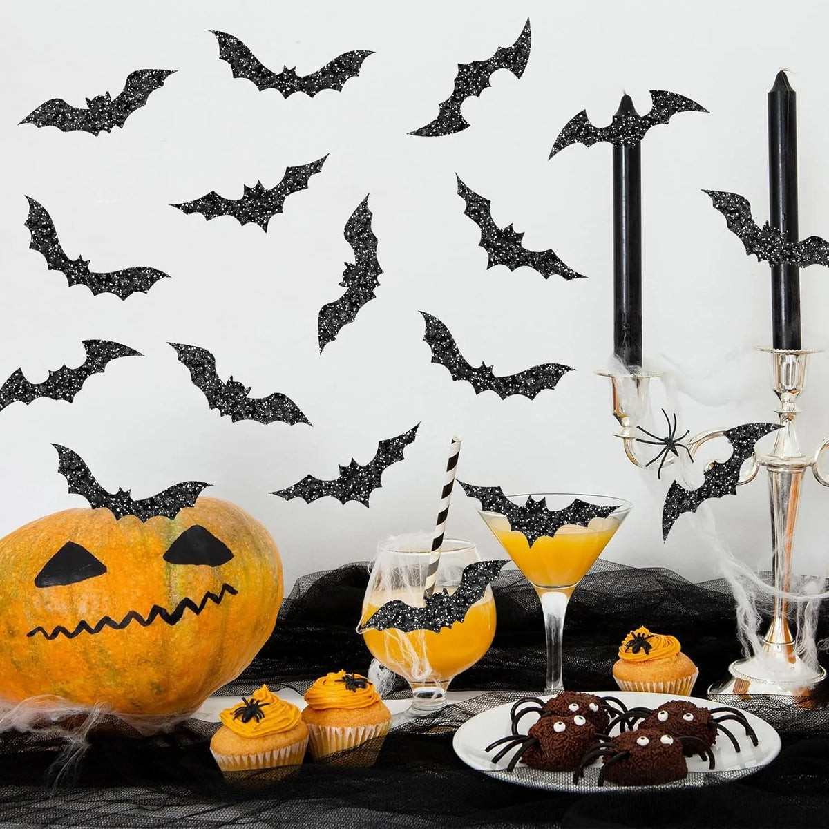 Halloween Bat Stickers – Black Waterproof Glitter Party Decor