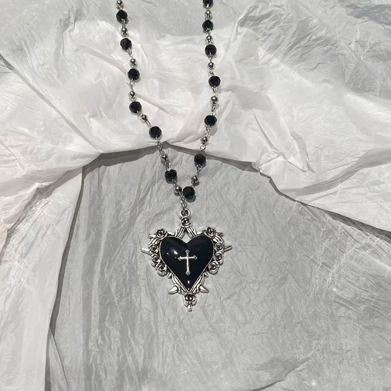 Gothic Bat Cross Necklace – Y2K Black Beaded Pendant
