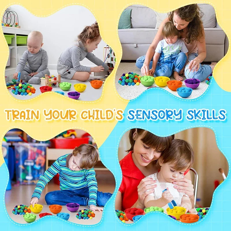 Counting and Sorting Toy with Rainbow Pom Poms & Tweezers