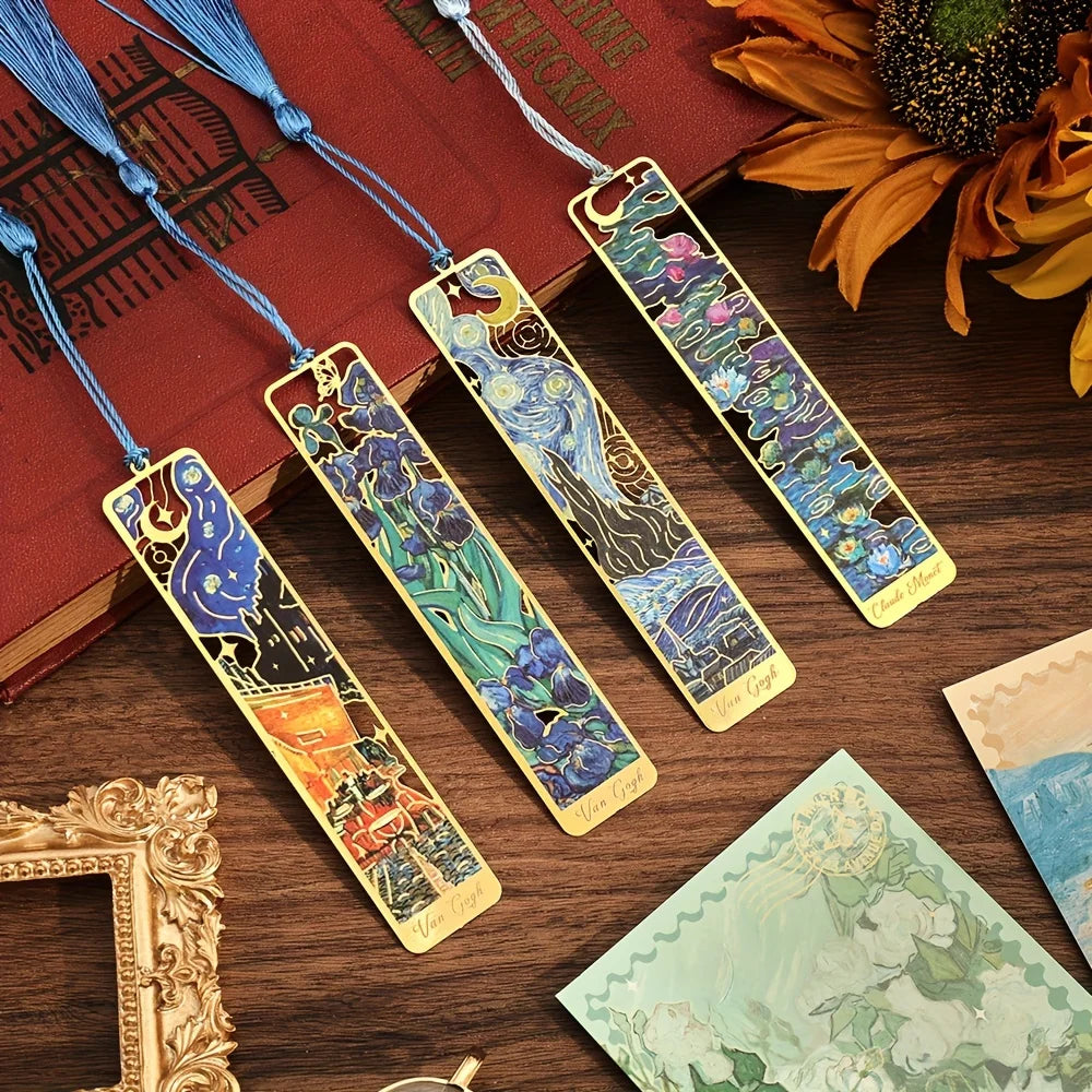Metal Bookmarks Vintage Oil Painting Tassel Reading Set