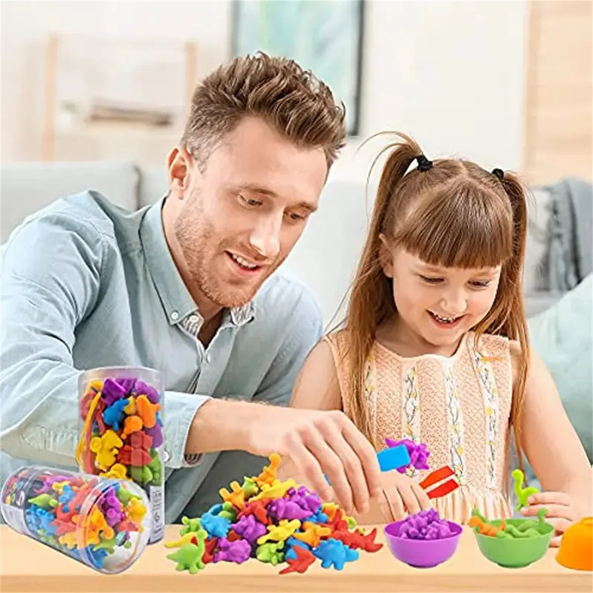 Counting and Sorting Toy with Rainbow Pom Poms & Tweezers