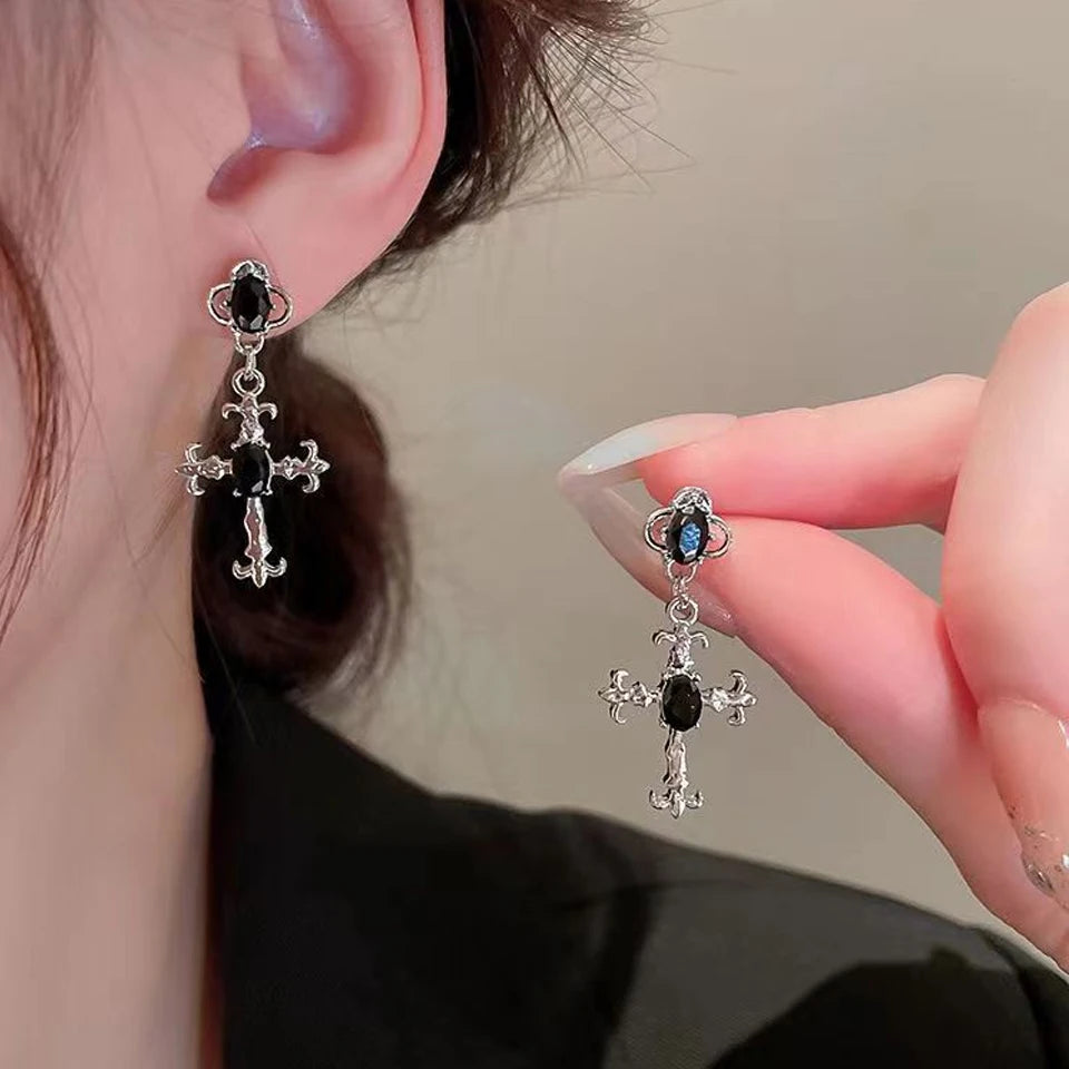 Gothic Cross Drop Earrings Black Crystal Punk Jewelry