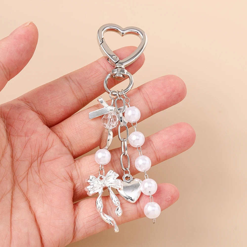Cute Bowknot Love Heart Keychain Crystal Pearl Key Ring Pendants for Women Girls Handbag Decor DIY Handmade Key Chain Gifts