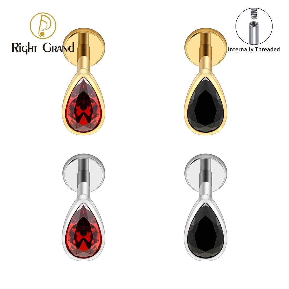 Titanium Labret Stud Teardrop Garnet CZ Cartilage Earring