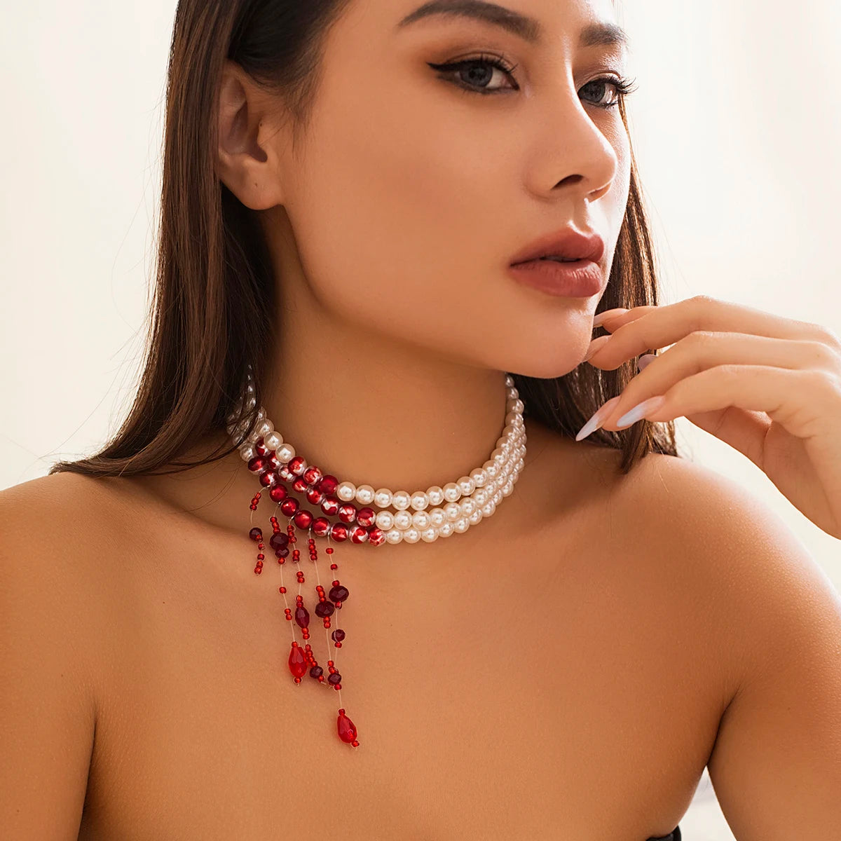 Gothic Halloween Necklace – Red Pearl Tassel Pendant Jewelry