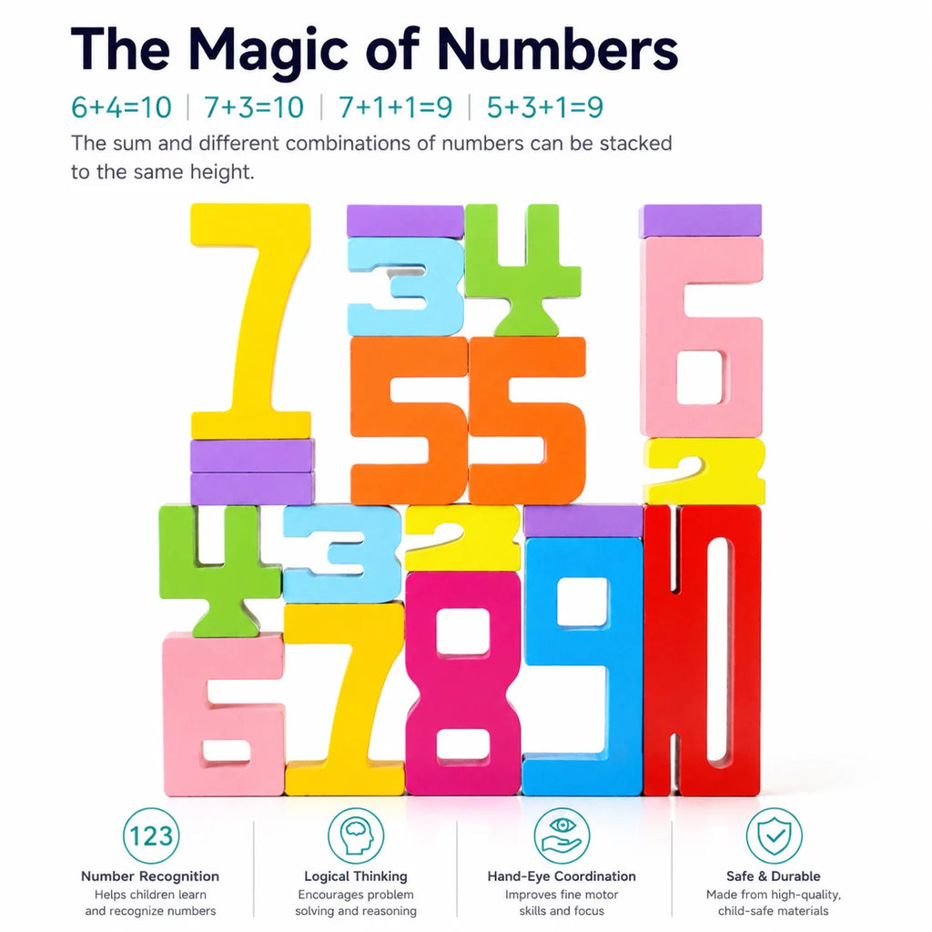 Wooden Number Blocks, Montessori Counting & Stacking Toy