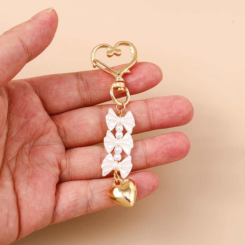 Cute Bowknot Love Heart Keychain Crystal Pearl Key Ring Pendants for Women Girls Handbag Decor DIY Handmade Key Chain Gifts