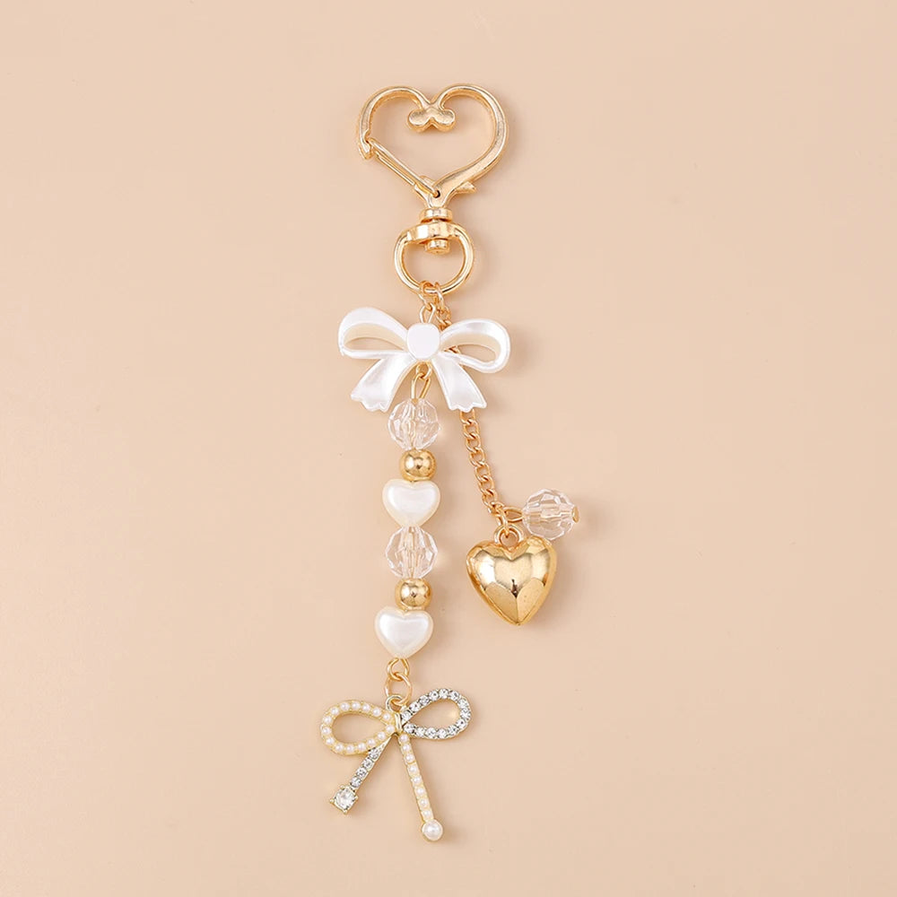 Cute Bowknot Love Heart Keychain Crystal Pearl Key Ring Pendants for Women Girls Handbag Decor DIY Handmade Key Chain Gifts