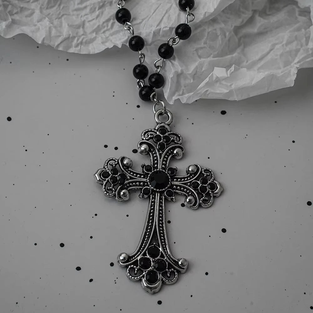 Gothic Bat Necklace Cross Pendant Y2K Black Bead Jewelry
