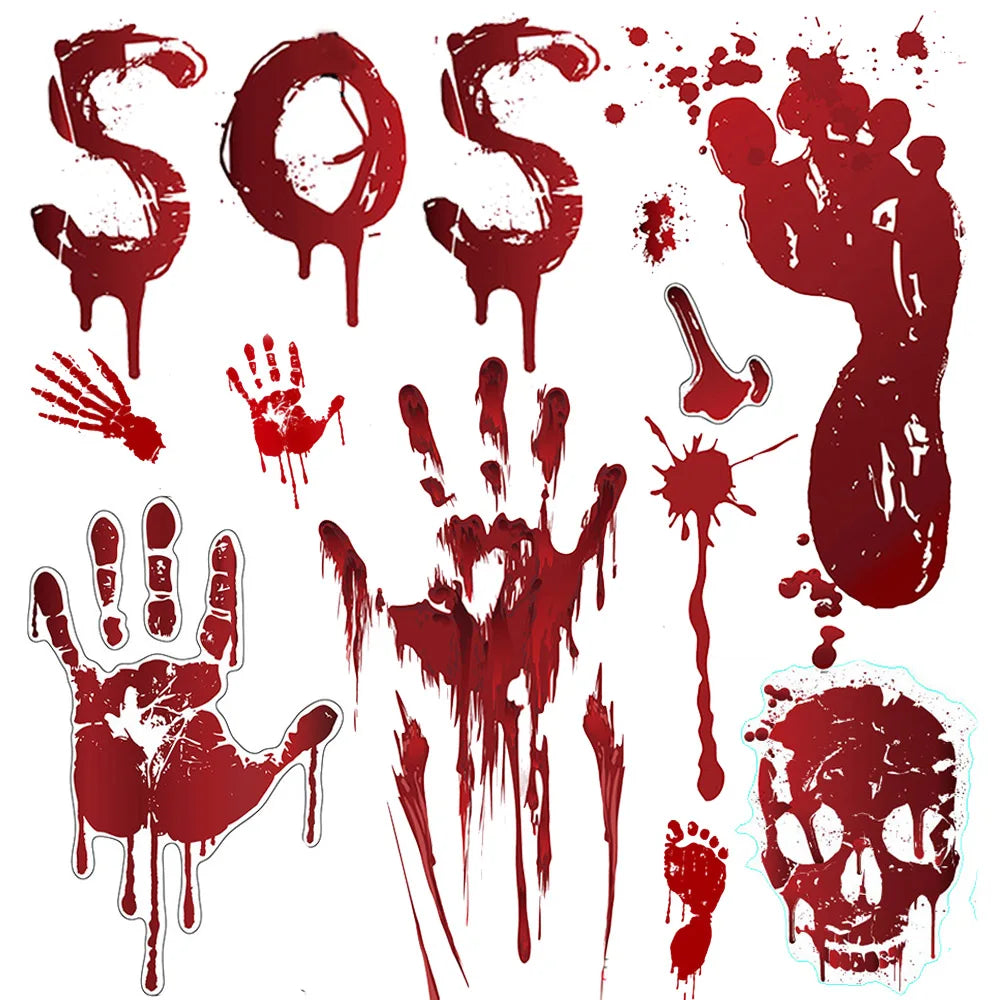 Halloween Wall Stickers – Blood Handprint, Footprint & Skull Decor