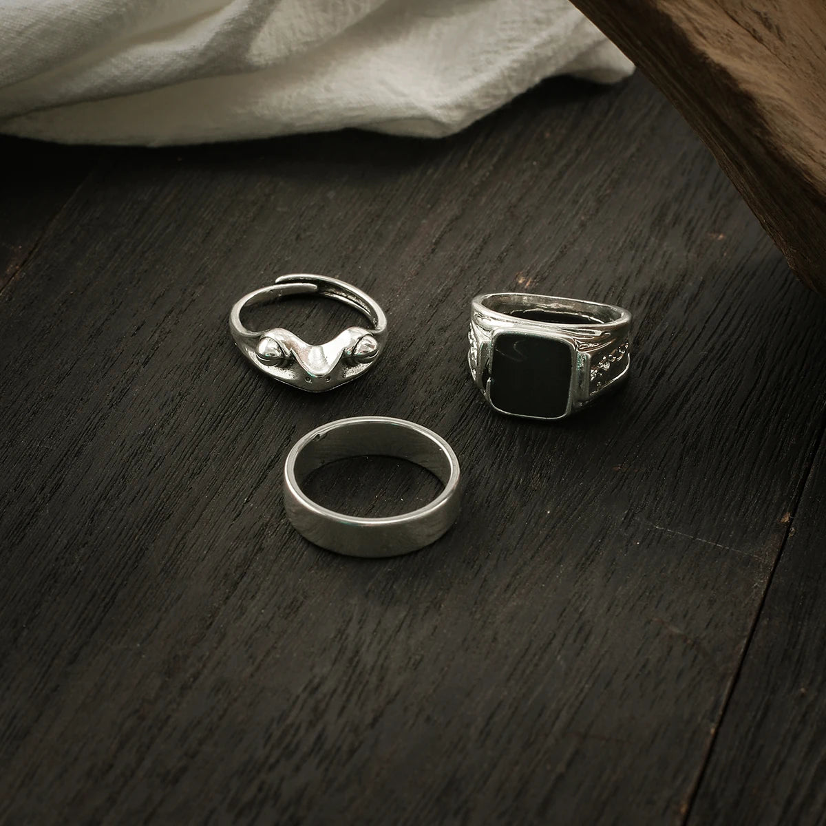 KunJoe Men's Stainless Steel 3pcs/set Square Oil Drip Ring Sets Gothic Punk Silver Color Metal Rings Halloween Party Jewelry