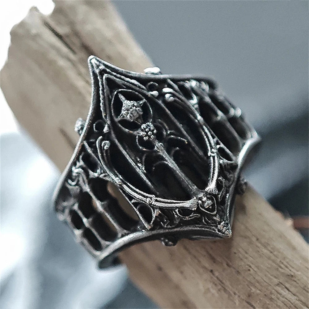 Gothic Architecture Ring Silver Retro Halloween Jewelry
