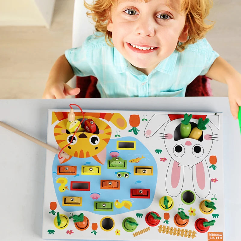 Montessori Toddler Toy – Wooden Carrot Pulling & Fishing Game Set