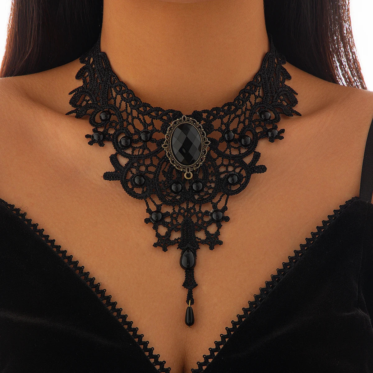 Gothic Lace Choker Black Punk Necklace Red Drop Pendant