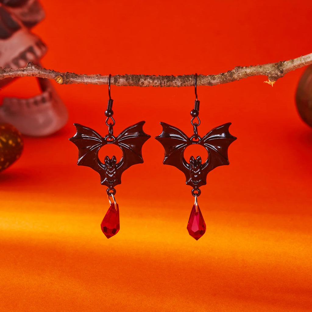 Vampire Bat Earrings Gothic Red Crystal Drop Halloween Jewelry