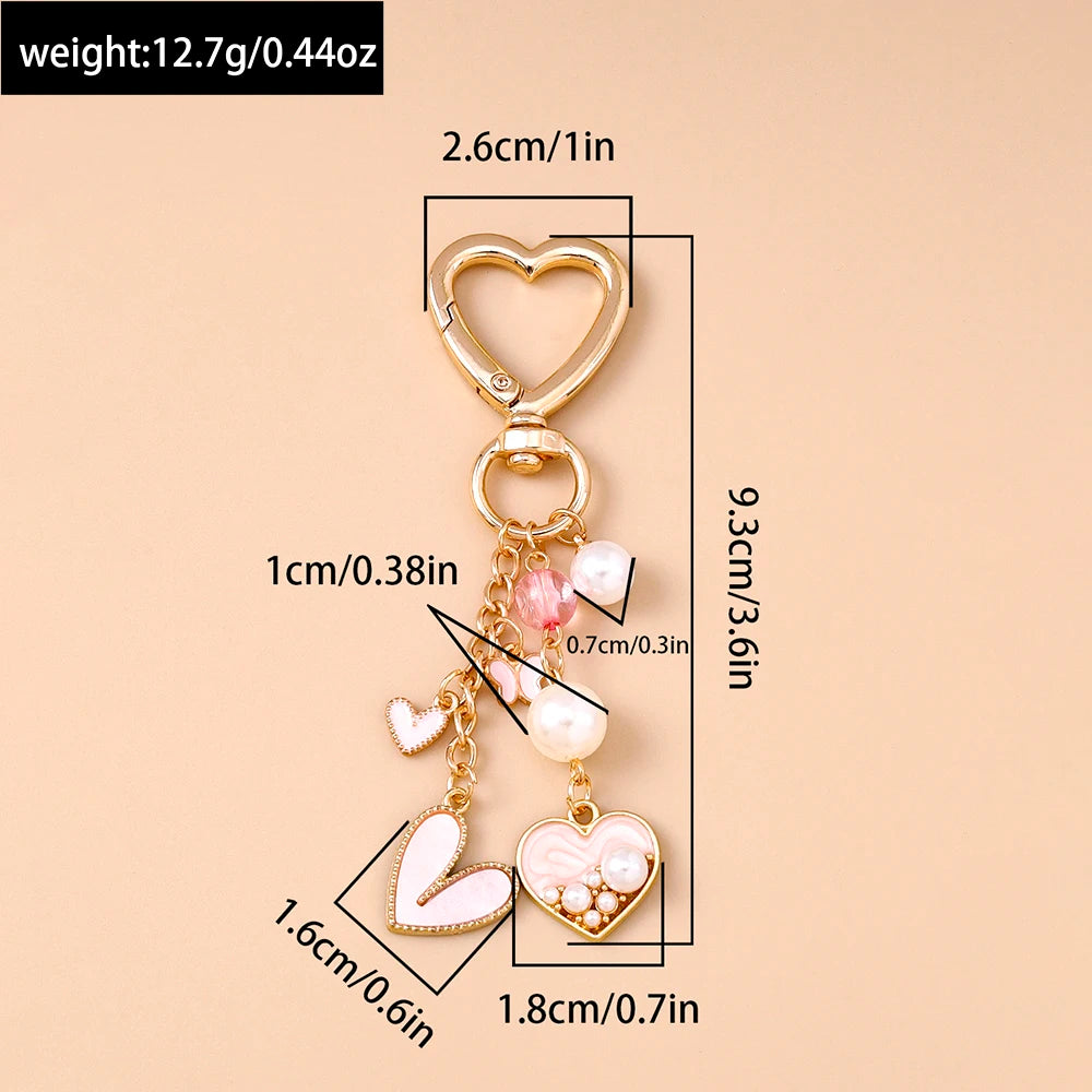 Cute Bowknot Love Heart Keychain Crystal Pearl Key Ring Pendants for Women Girls Handbag Decor DIY Handmade Key Chain Gifts