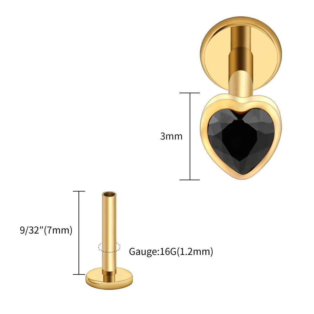 Titanium Heart Labret Stud CZ Flat Back Piercing Jewelry