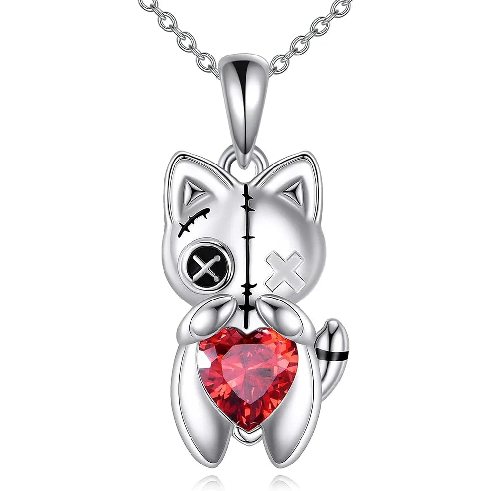 Cat Voodoo Doll Necklace for Women Red Heart Halloween Jewelry