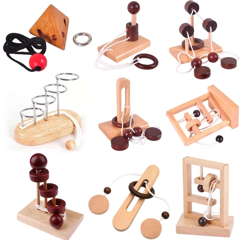 Wooden Brain Teaser Puzzle Rope Ring 3D Logic Challenge Toy