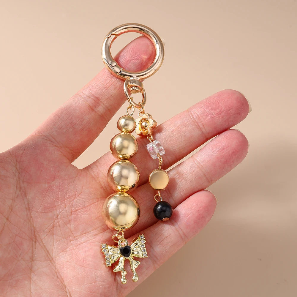 Cute Bowknot Love Heart Keychain Crystal Pearl Key Ring Pendants for Women Girls Handbag Decor DIY Handmade Key Chain Gifts