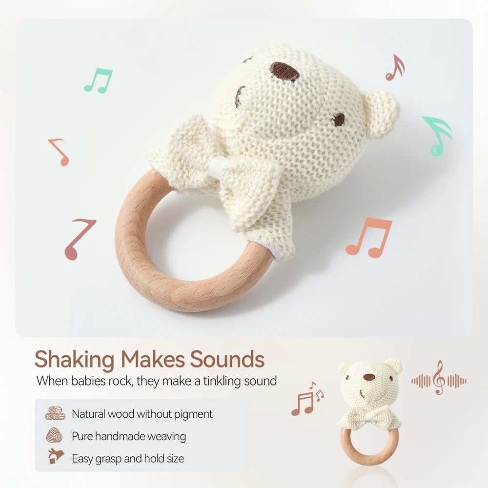 Baby Rattle Toy – Wooden Crochet Bear Teether for Newborns