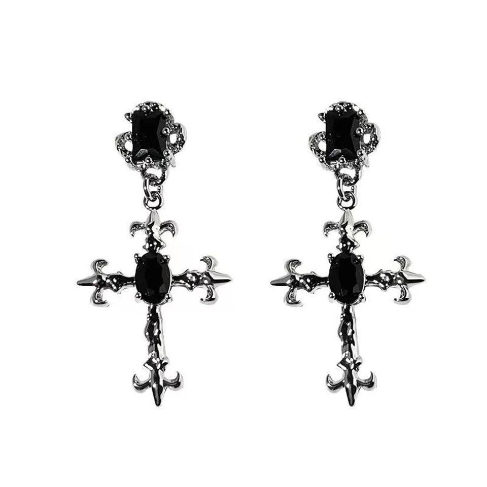 Gothic Cross Drop Earrings Black Crystal Punk Jewelry