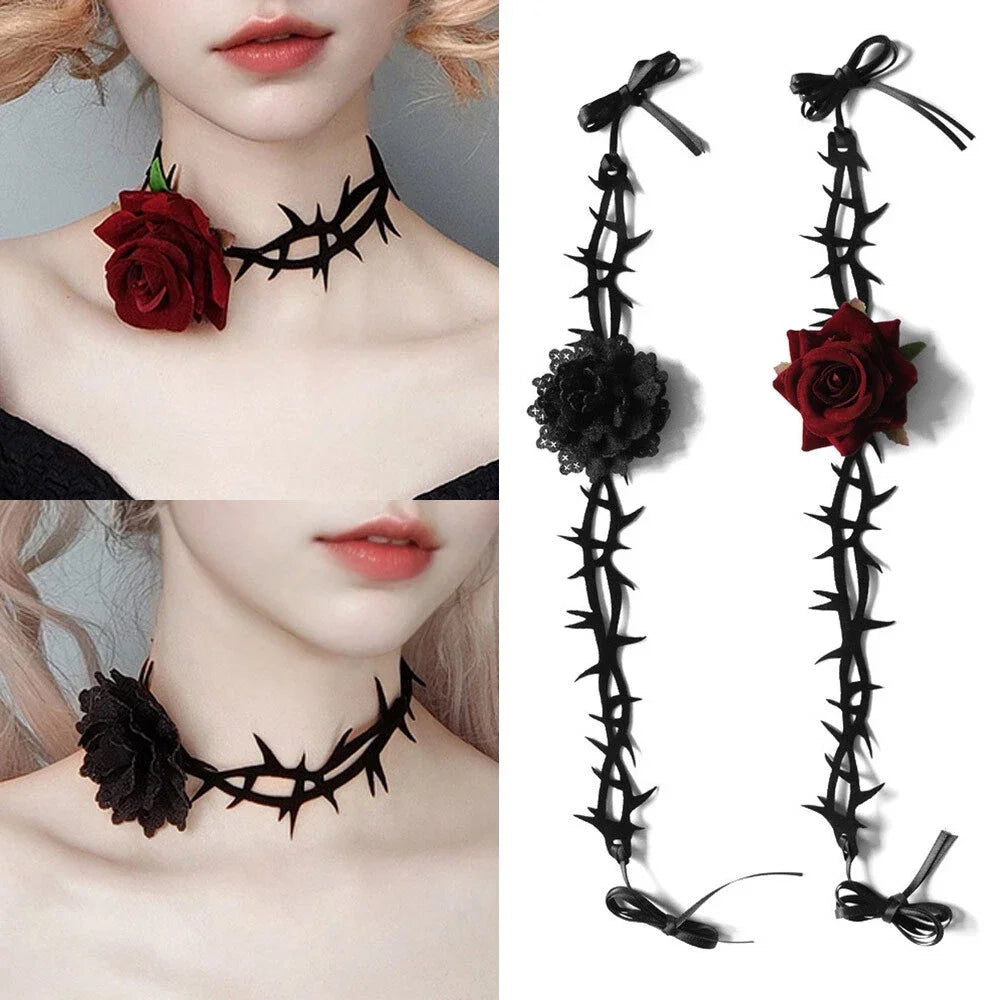 Gothic Rose Choker Lace Thorn Necklace for Halloween Parties