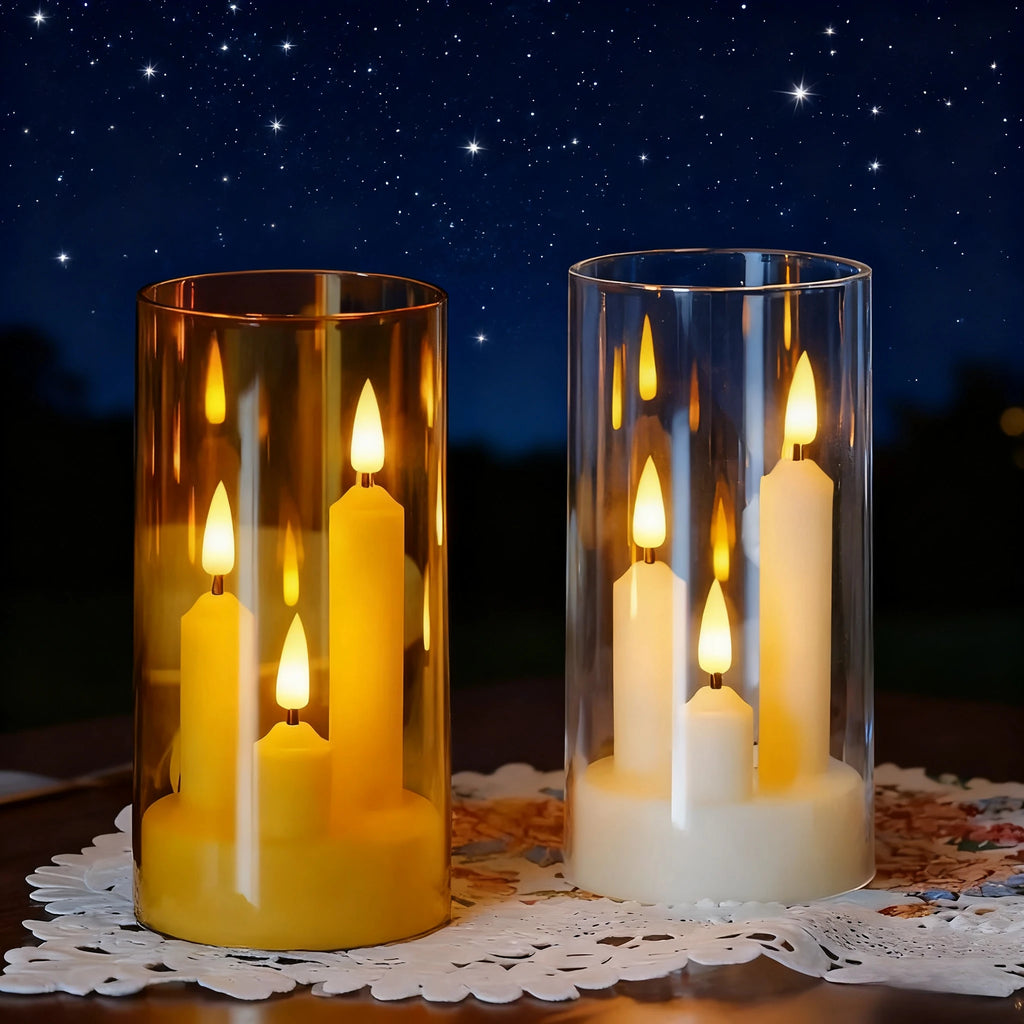 3in1 Flameless Taper Short Candles with Acrylic Lampshade Battery Operated LED Pillar Flickering Candles for Wedding Halloween