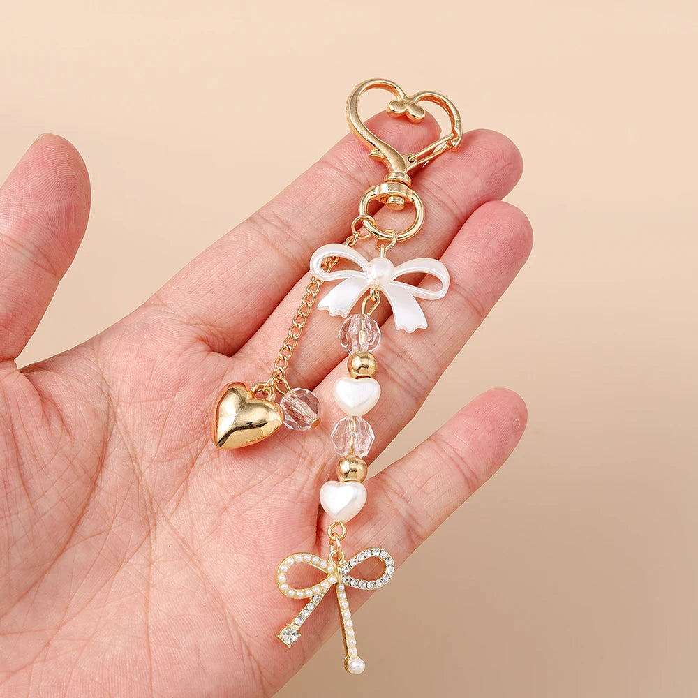 Cute Bowknot Love Heart Keychain Crystal Pearl Key Ring Pendants for Women Girls Handbag Decor DIY Handmade Key Chain Gifts