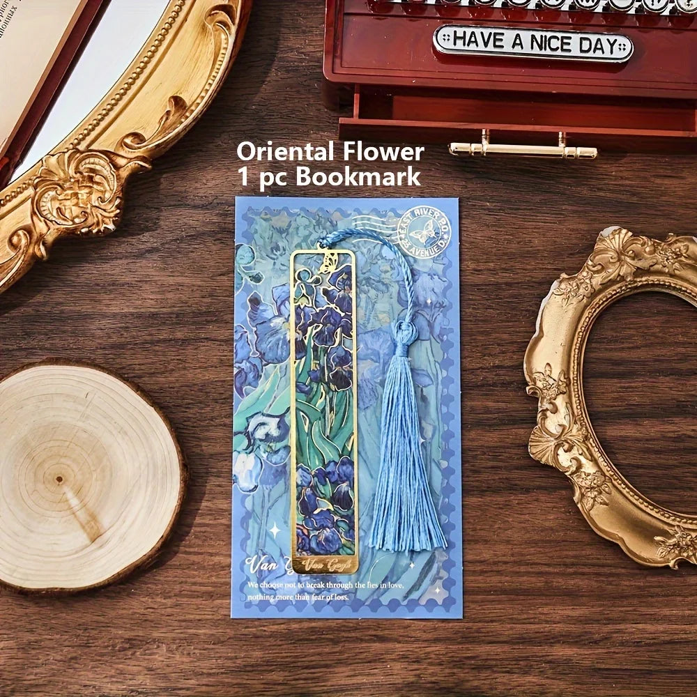 Metal Bookmarks Vintage Oil Painting Tassel Reading Set