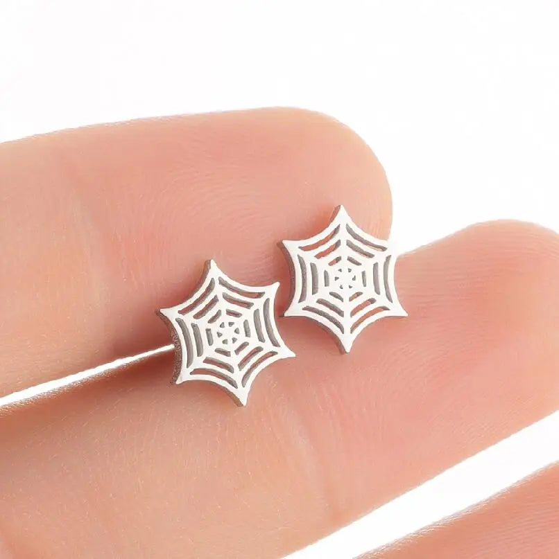 Spider Web Stud Earrings Black Gothic Stainless Steel