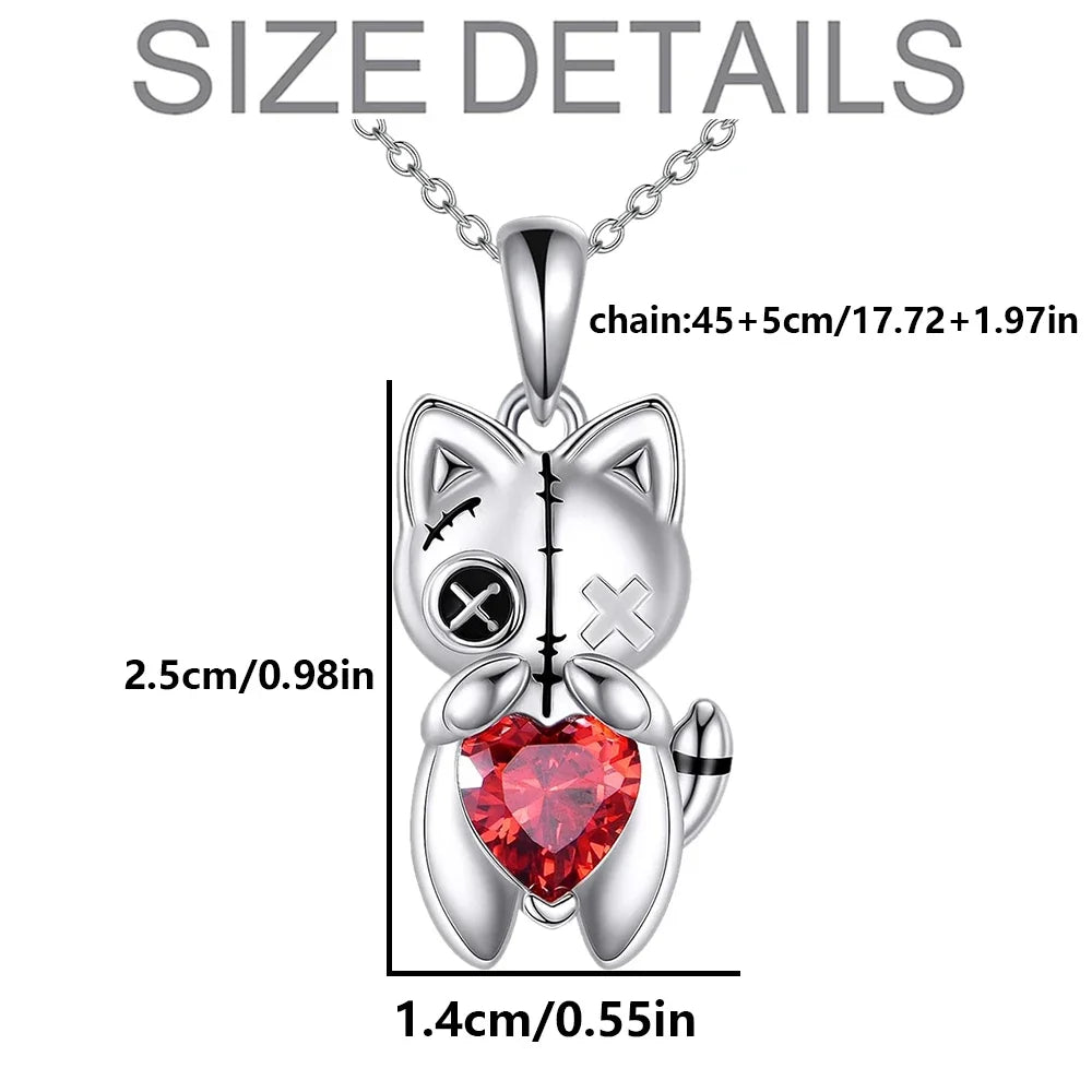 Cat Voodoo Doll Necklace for Women Red Heart Halloween Jewelry