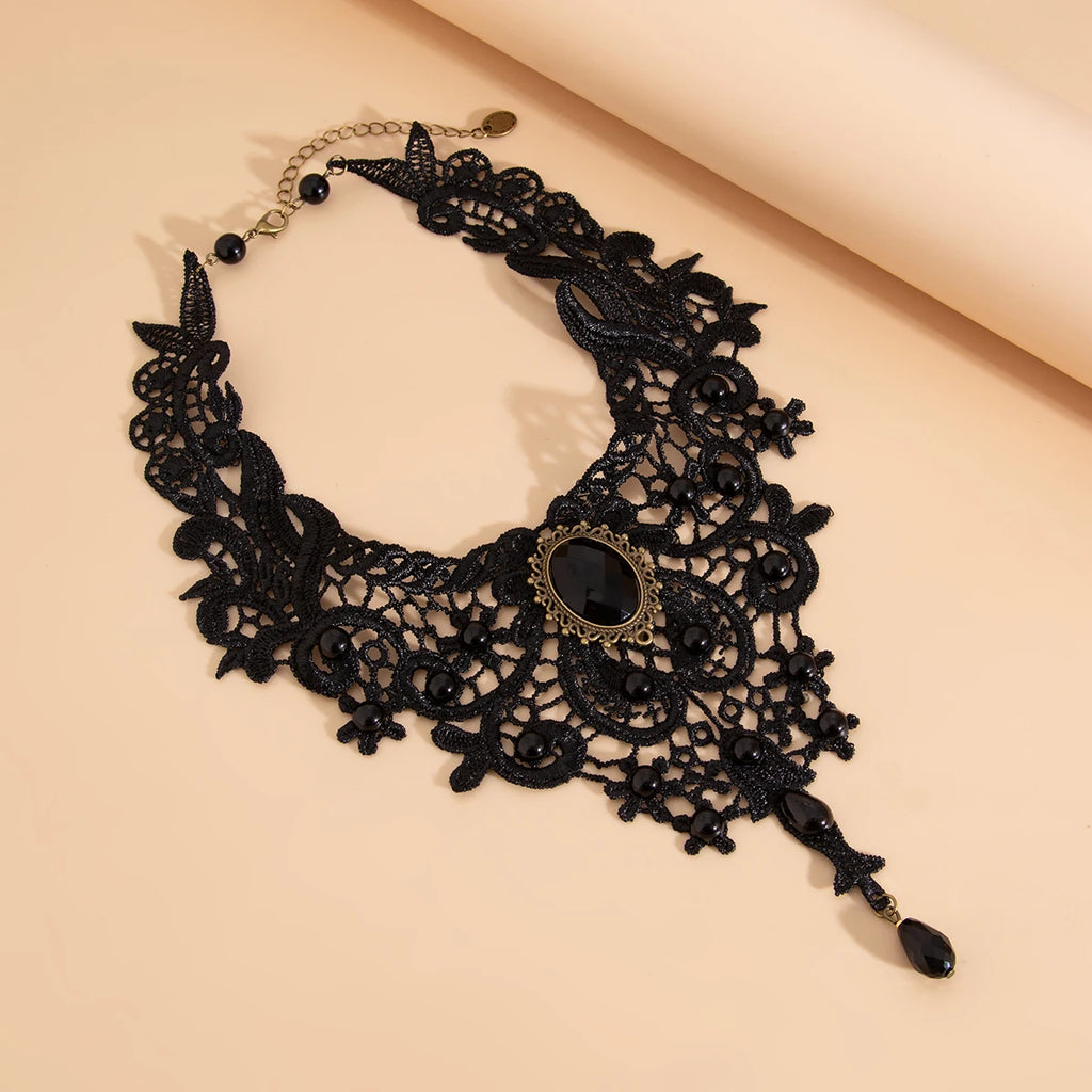Gothic Lace Choker Black Punk Necklace Red Drop Pendant