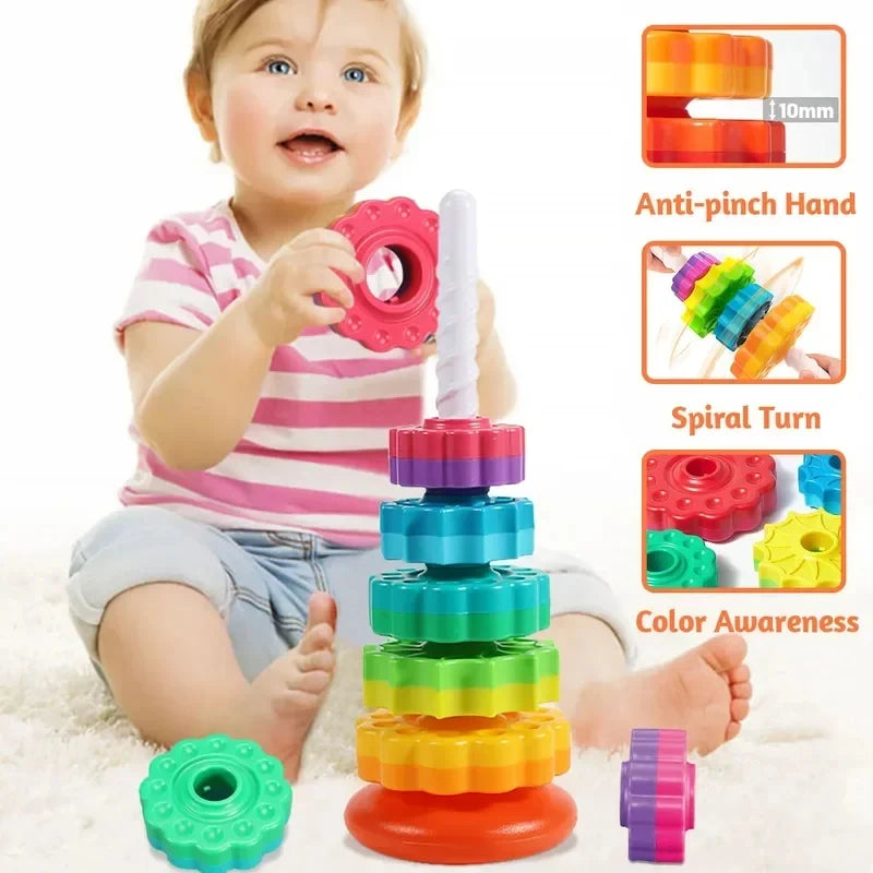 Montessori Stacking Toy – Rainbow Spinning Rings for Toddlers